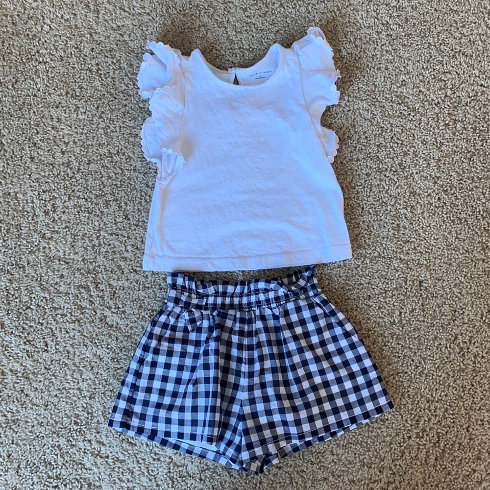 Navy and white Buffalo plaid shorts and white shirt set 3T